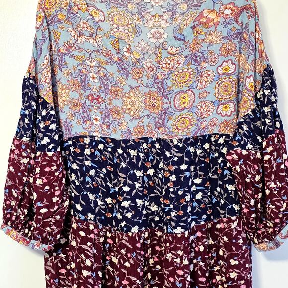 Women's Retro Boho Floral Tiered Smock Dress - V-Neck, Mixed Print, Size L - Picture 5 of 8